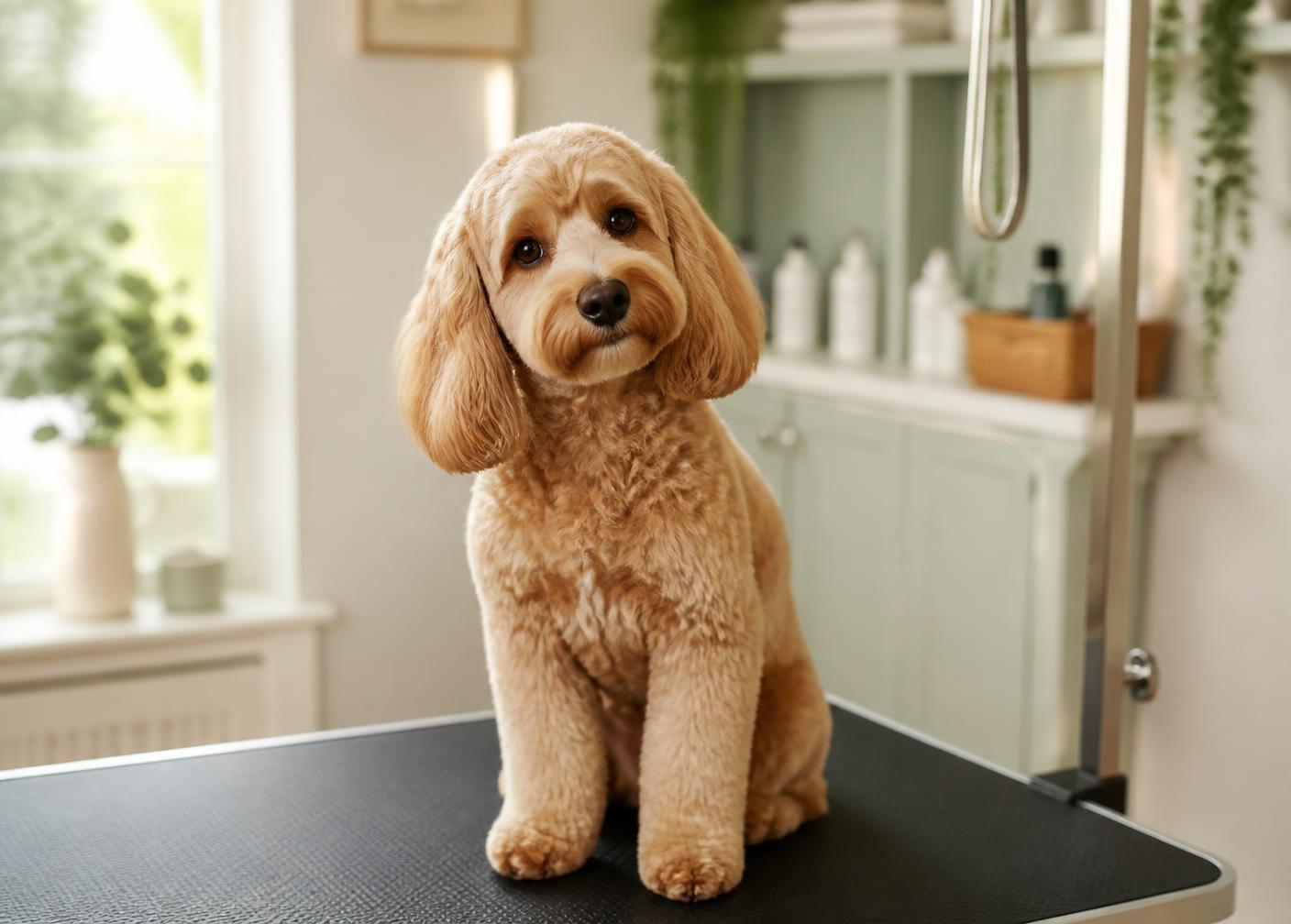 A freshly groomed cockapoo sitting calmly on a grooming table in a bright home salon